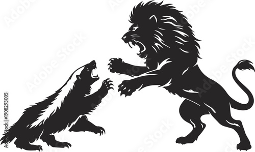 Silhouette vector illustration of a fearless honey badger confronting a powerful lion. Symbol of courage, strength, and resistance in wildlife. Isolated on white background