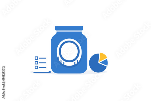 A blue jar illustration sits between a checklist and a pie chart on a dark background. This graphic represents data storage, organization, and analytical reporting in a flat design style.