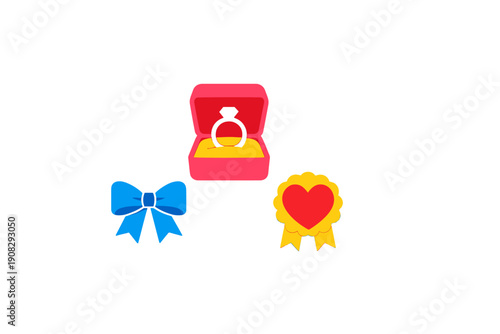 A collection of colorful flat illustrations featuring a pink jewelry box with a black diamond ring, a blue ribbon bow, and a yellow heart-shaped award badge on a black background.