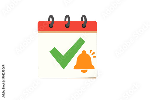 A 3D illustration of a calendar icon featuring a large green checkmark and an orange notification bell on a black background, representing task completion and scheduled reminders.