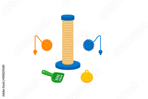 A collection of colorful cat accessories including a scratching post with a blue base and top, two pompom toys, a green litter scoop, and a yellow pet tag isolated on a black background.