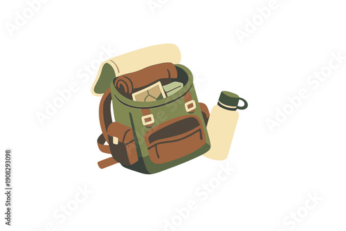 A green and brown hiking backpack filled with a rolled mat, map, and book sits next to a cream-colored water bottle. This flat illustration is set against a solid black background.
