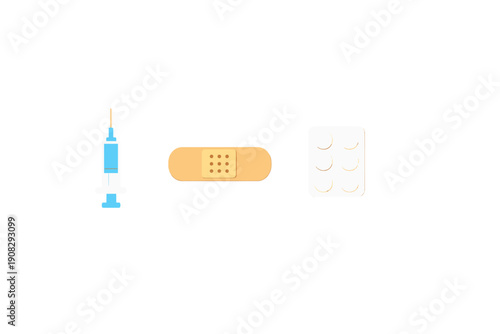 A minimalist flat illustration featuring a medical syringe, a tan adhesive bandage, and a white blister pack of pills arranged horizontally on a black background.