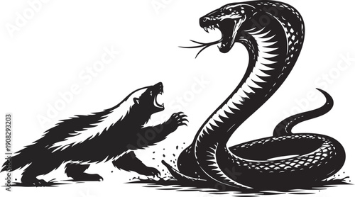 Black silhouette vector illustration of a king cobra fighting a honey badger. Symbol of fearlessness, danger, and wild animal confrontation. Isolated on white background