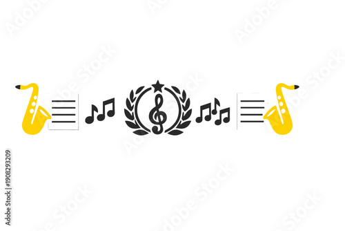 A symmetrical musical graphic featuring yellow saxophones, sheet music, and musical notes surrounding a central treble clef emblem with a star and laurel wreath on a black background.