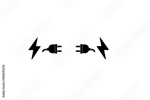 A black and white graphic illustration featuring two electrical plugs positioned horizontally facing each other, flanked by lightning bolt symbols representing power and energy.