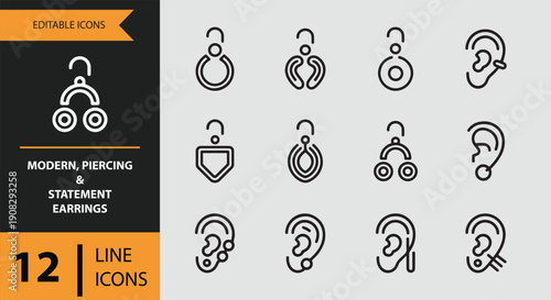Modern Piercing and Statement Earrings Icons outline icon set.Modern statement piercing earring icons