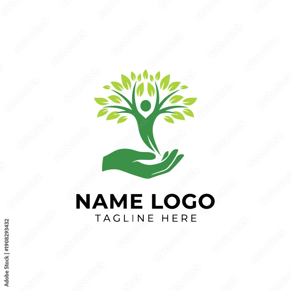 Obraz premium Green Human Tree and Hand Logo Symbolizing Nature, Health, and Growth
