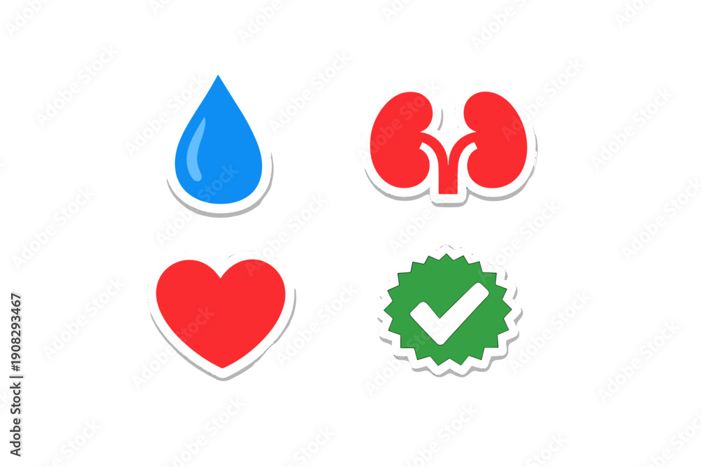 Obraz premium Four medical and health-related icons including a blue water drop, red kidneys, a red heart, and a green checkmark seal are displayed on a solid black background in a grid layout.