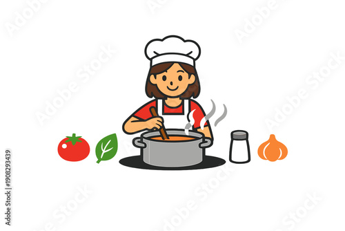 A cartoon illustration of a female chef wearing a white hat and apron, stirring a steaming pot of soup surrounded by fresh ingredients like a tomato, leaf, salt, and onion.