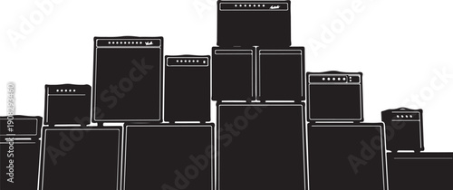 Collection of black guitar amplifiers on white background display