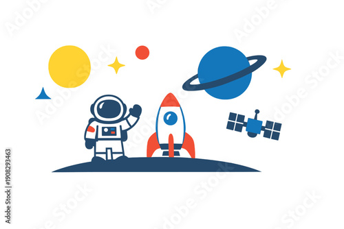 This flat vector illustration features an astronaut waving next to a rocket ship on a planetary surface with various planets, a satellite, and stars in the background.