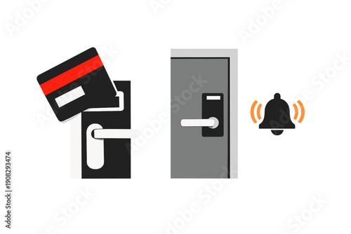 A graphic depicting a key card swiping an electronic door handle next to another door with a ringing bell symbol, illustrating smart home security and access control systems.
