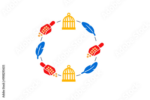 This graphic features a circular pattern of pet bird icons such as yellow cages, red scoops of seeds, and blue feathers, connected by dashed lines on a solid black background.
