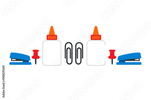 This flat vector illustration features a symmetrical layout of school supplies like blue staplers, red thumbtacks, glue bottles, and paper clips against a dark black backdrop.
