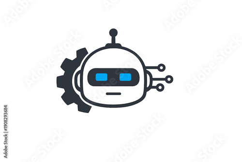 A stylized dark grey robot head icon with glowing blue eyes, featuring a mechanical gear on one side and circuit board lines on the other, isolated on a solid black background.