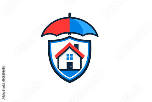 A graphic logo featuring a black house with a red roof inside a blue shield, topped with a red and blue umbrella, symbolizing home insurance and protection on a black background.