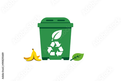 A green compost bin featuring a leaf and recycling symbol is positioned between a yellow banana peel and a green leaf against a black background. Represents sustainable waste management.