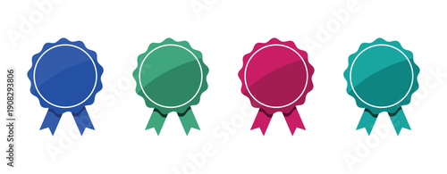 Colorful award rosette badges set. Blue green pink teal ribbons. Achievement certificate label icons. Quality success award symbols