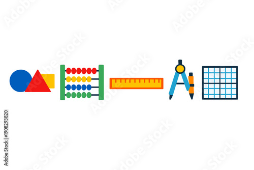 A collection of colorful flat icons representing mathematics and education, including geometric shapes, an abacus, a ruler, a compass, and a grid, set against a black background.