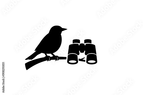 A minimalist black and white line art illustration depicts a person using binoculars to observe something in the distance. The simple sketch focuses on the act of watching.