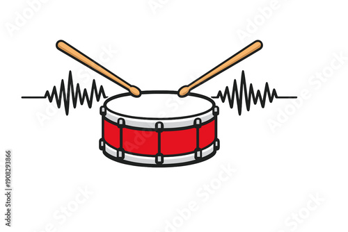 This vector graphic features a red snare drum and two wooden drumsticks against a black backdrop. A white audio frequency line runs horizontally through the musical equipment.