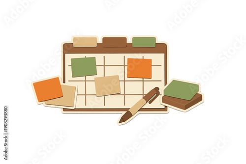 This paper-cut style illustration shows a monthly planner grid with various sticky notes and a pen. It uses a warm color palette of brown, orange, and green on a dark background.