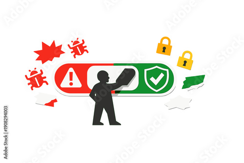 A graphic illustration depicts a person moving a slider from a red danger zone with malware icons to a green secure area featuring a shield and padlocks, symbolizing digital protection.