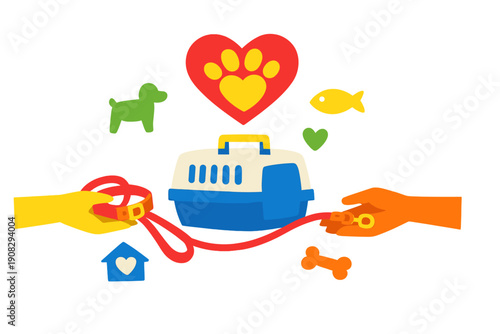 Vibrant graphic showing pet adoption and care symbols including a carrier, leash, and collar held by hands, with icons of a dog, fish, bone, and a red heart with a yellow paw print.