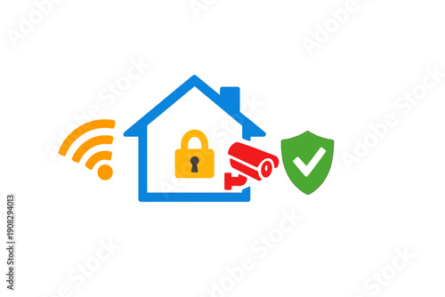 A collection of colorful icons representing home security systems, including a blue house with a yellow padlock, a red surveillance camera, a green shield, and an orange wireless signal.