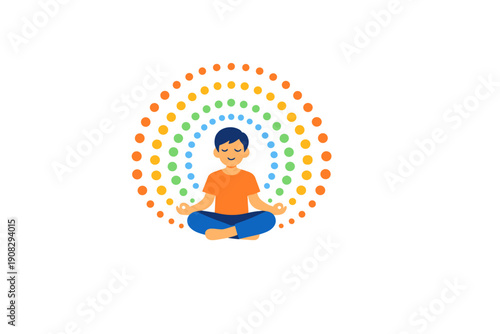 A cartoon illustration of a person sitting in a lotus position, meditating with a peaceful expression. Concentric circles of colorful dots surround the figure against a black background.