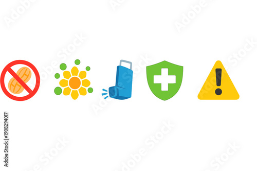 A collection of five medical and allergy-related icons including a no-peanut sign, a flower with pollen, a blue inhaler, a green medical shield, and a yellow warning triangle on black.