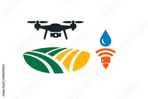 A flat vector illustration depicting smart agriculture technology with a drone flying over a field and a water sensor icon representing precision irrigation and monitoring.