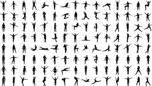 Black silhouette dancing people collection, active jumping poses isolated on white background movement concept set