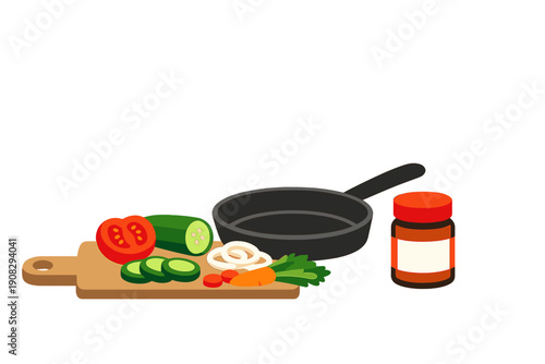 A flat vector illustration featuring a wooden cutting board with sliced tomatoes, cucumbers, onions, and carrots next to a black frying pan and a jar on a dark background.