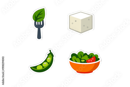 A collection of four food stickers featuring a green leaf on a fork, a white tofu cube, a green pea pod, and a bowl of fresh salad with tomato slices on a black background.