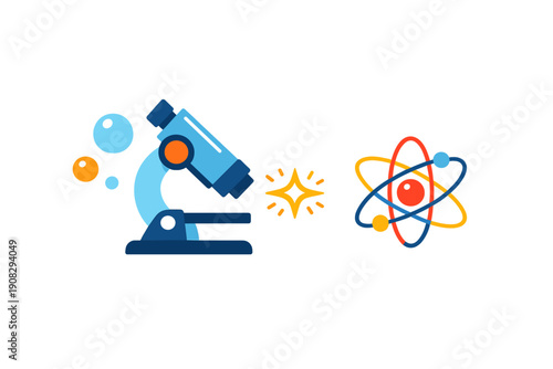 A flat illustration featuring a blue microscope, colorful bubbles, a yellow sparkle, and an atom model with orbiting electrons, all set against a solid black background.