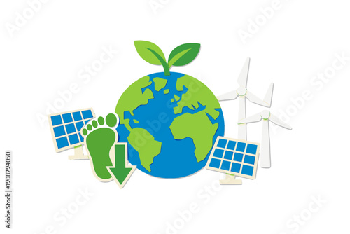 An illustration featuring a green globe with a sprout, solar panels, wind turbines, and a footprint with a downward arrow, representing renewable energy and carbon footprint reduction.