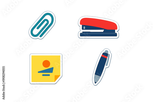 A collection of four office supply icons including a teal paperclip, a red stapler, a yellow sticky note, and a blue pen, all designed as stickers with white borders on a black background.
