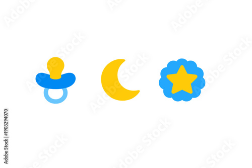 A set of three flat design icons including a blue baby pacifier, a yellow crescent moon, and a yellow star badge, all isolated on a solid black background for a nursery theme.