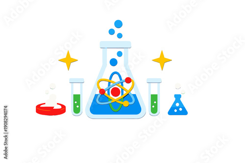 A colorful illustration of laboratory glassware including an Erlenmeyer flask with an atom symbol, test tubes, and a petri dish on a black background with stars and bubbles.