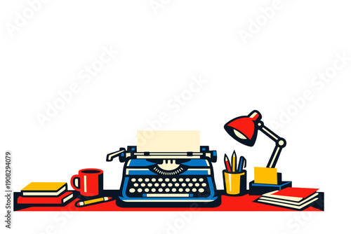 A graphic illustration of a workspace featuring a classic blue typewriter, a red desk lamp, books, and a mug on a red surface, all set against a solid black background.