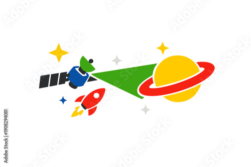 A flat vector illustration of outer space featuring a satellite emitting a green beam toward a ringed planet, accompanied by a small red rocket and several colorful stars on a black background.
