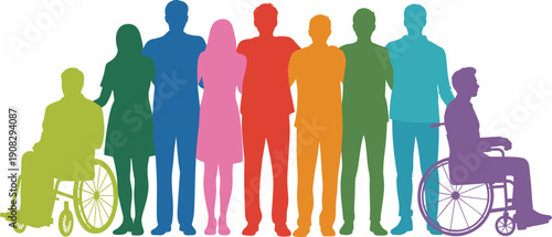 Colorful silhouettes of diverse people including wheelchair users, symbolizing inclusion, equality, accessibility, and community representation