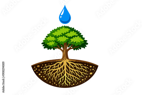 An illustration of a green leafy tree with a brown trunk and extensive roots growing in soil, featuring a single blue water drop floating above the canopy on a black background.