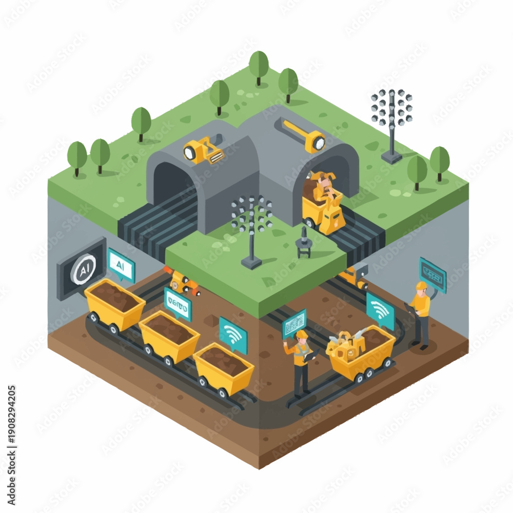 Obraz premium Isometric view of a mining operation with tunnels, carts, and workers.