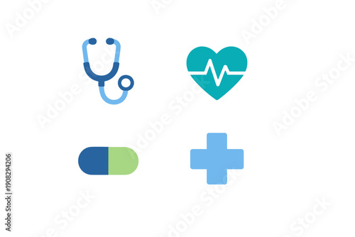 A collection of four medical icons including a stethoscope, a heart with a heartbeat line, a blue and green pill capsule, and a light blue medical cross, all set against a black background.