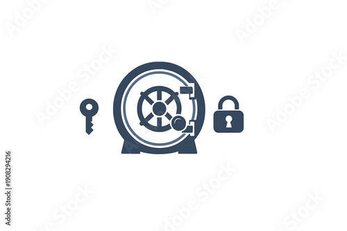 This minimalist illustration features a dark blue bank vault, a key, and a padlock on a black background. It symbolizes security, financial protection, and access control concepts.