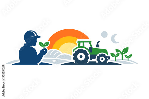 This flat vector illustration shows a farmer silhouette holding a plant sprout, a green tractor, and a field under both a bright sun and a night sky with a moon.