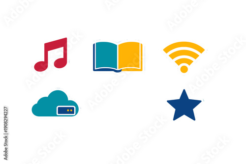 A collection of five colorful digital icons including a musical note, an open book, a Wi-Fi symbol, a cloud server, and a star, all featuring white borders on a black background.